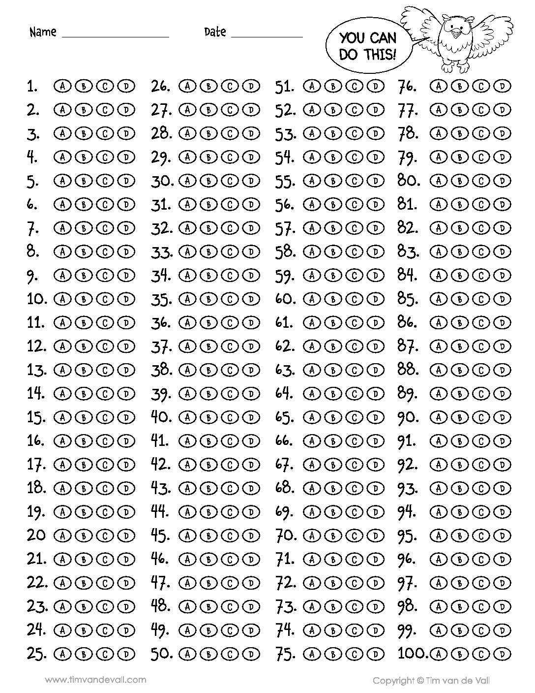 100 Question Answer Sheet – Tim's Printables With Regard To Blank Answer Sheet Template 1 100