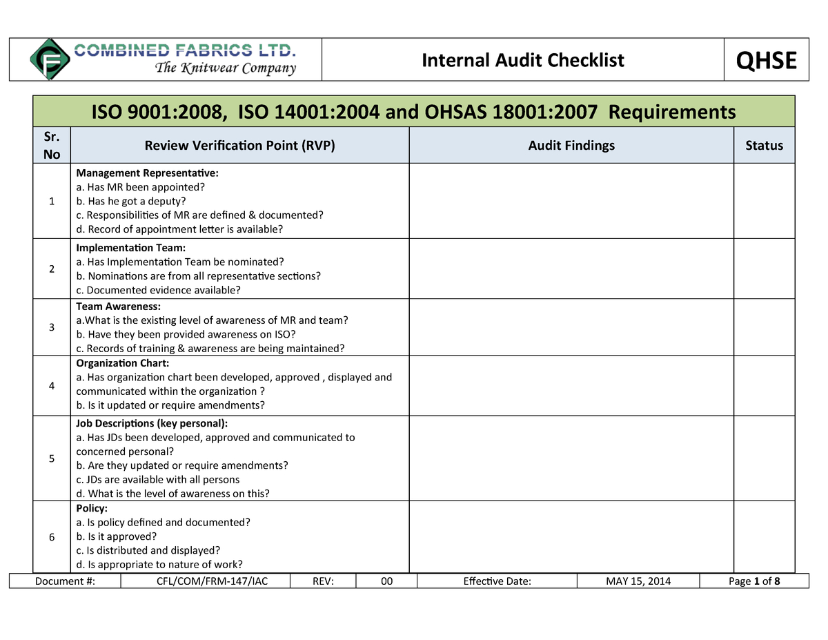 147. Internal Audit Checklist – – Studocu With Regard To Iso 9001 Internal Audit Report Template