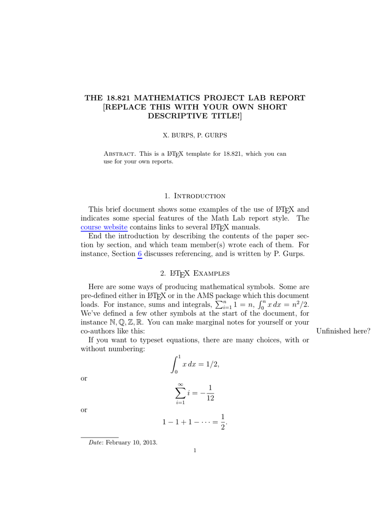 18.821 Mathematics Project Lab Report The [Replace For Project Report Latex Template