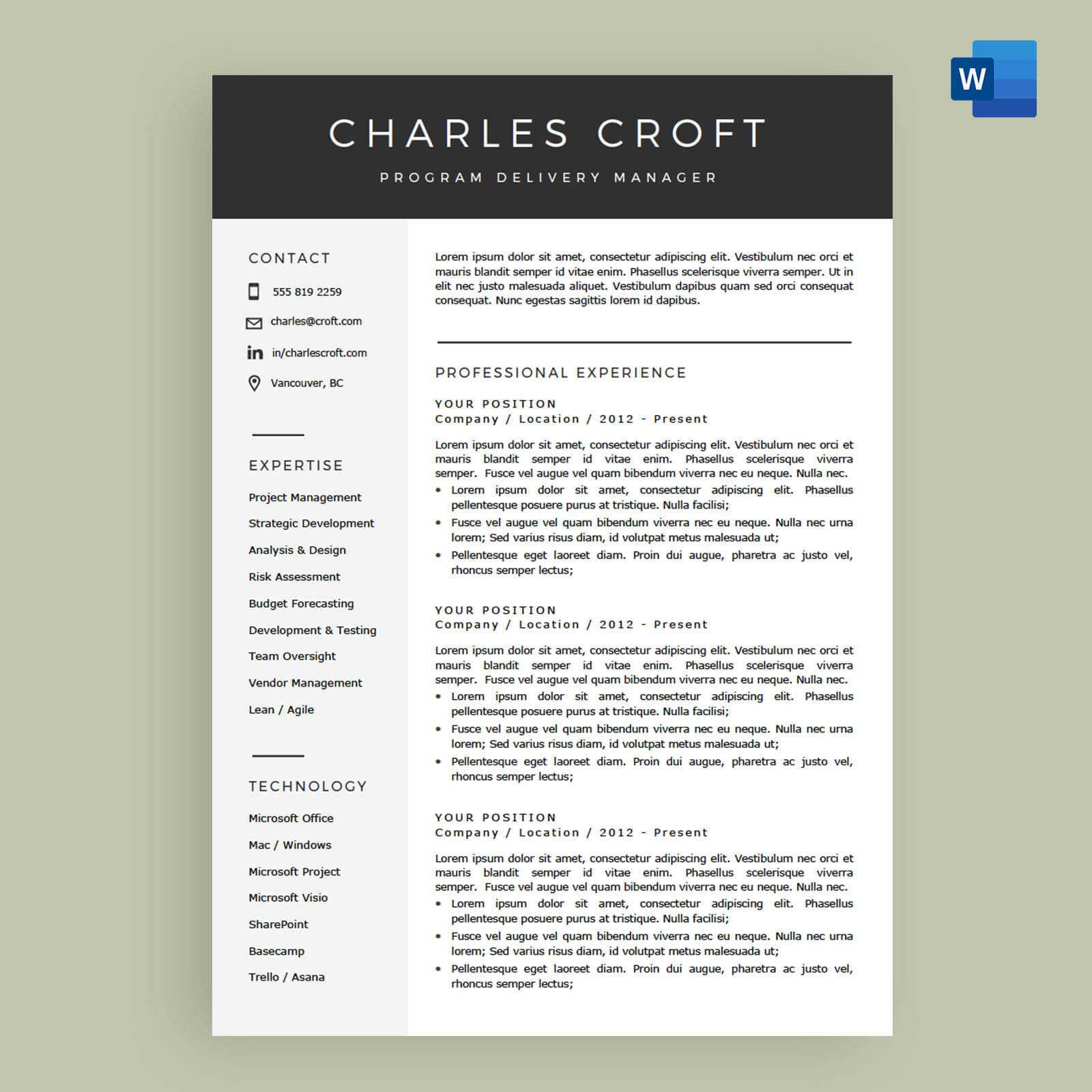 4 Page Resume / Cv Template Package For Microsoft™ Word – The 'charlie' Throughout Microsoft Word Resumes Templates