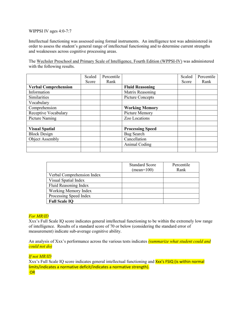 8 Cognitive Template Wppsi Iv Ages 4 0 7 7 With Regard To Wppsi Iv Report Template