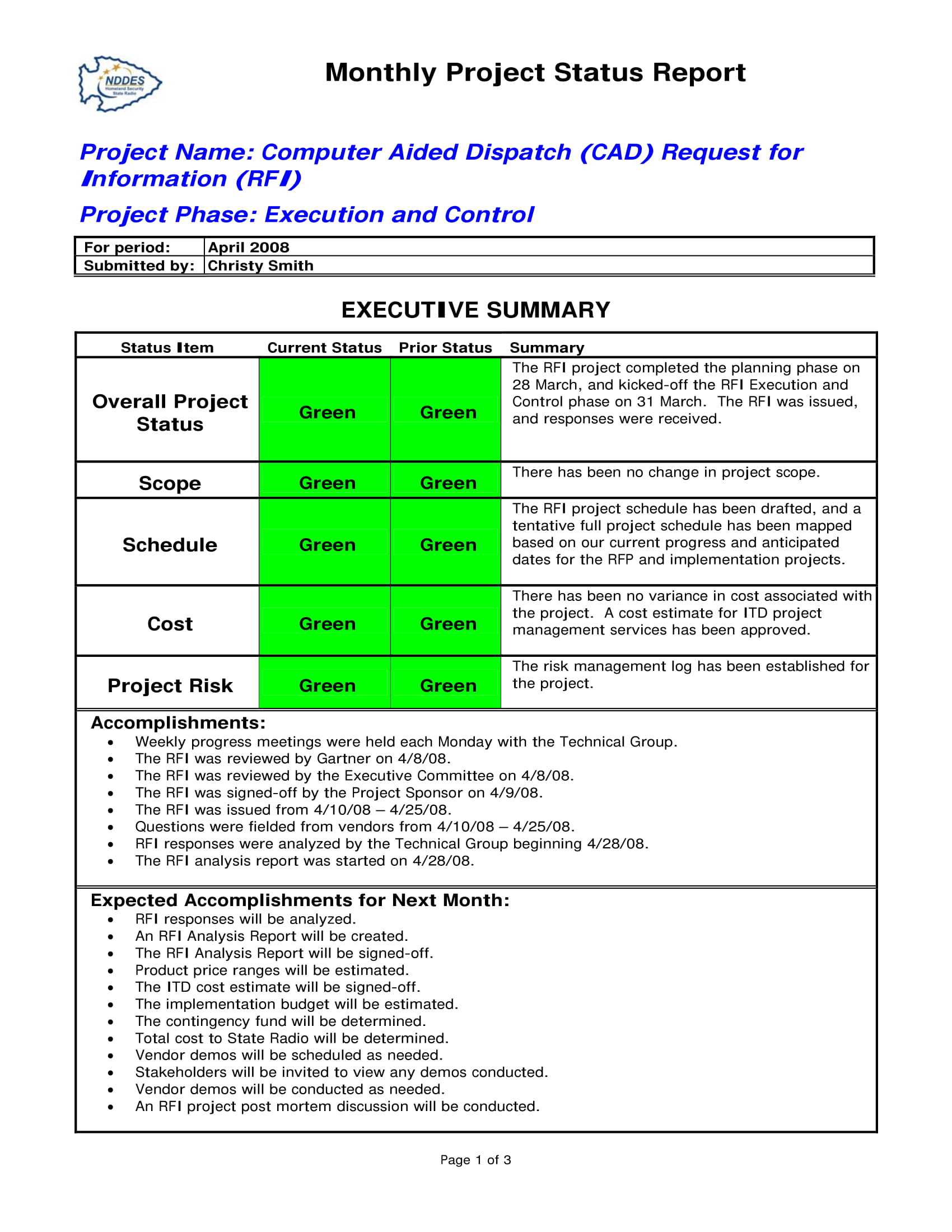 9+ Status Report Examples – Doc, Pdf | Examples With Regard To Executive Summary Project Status Report Template