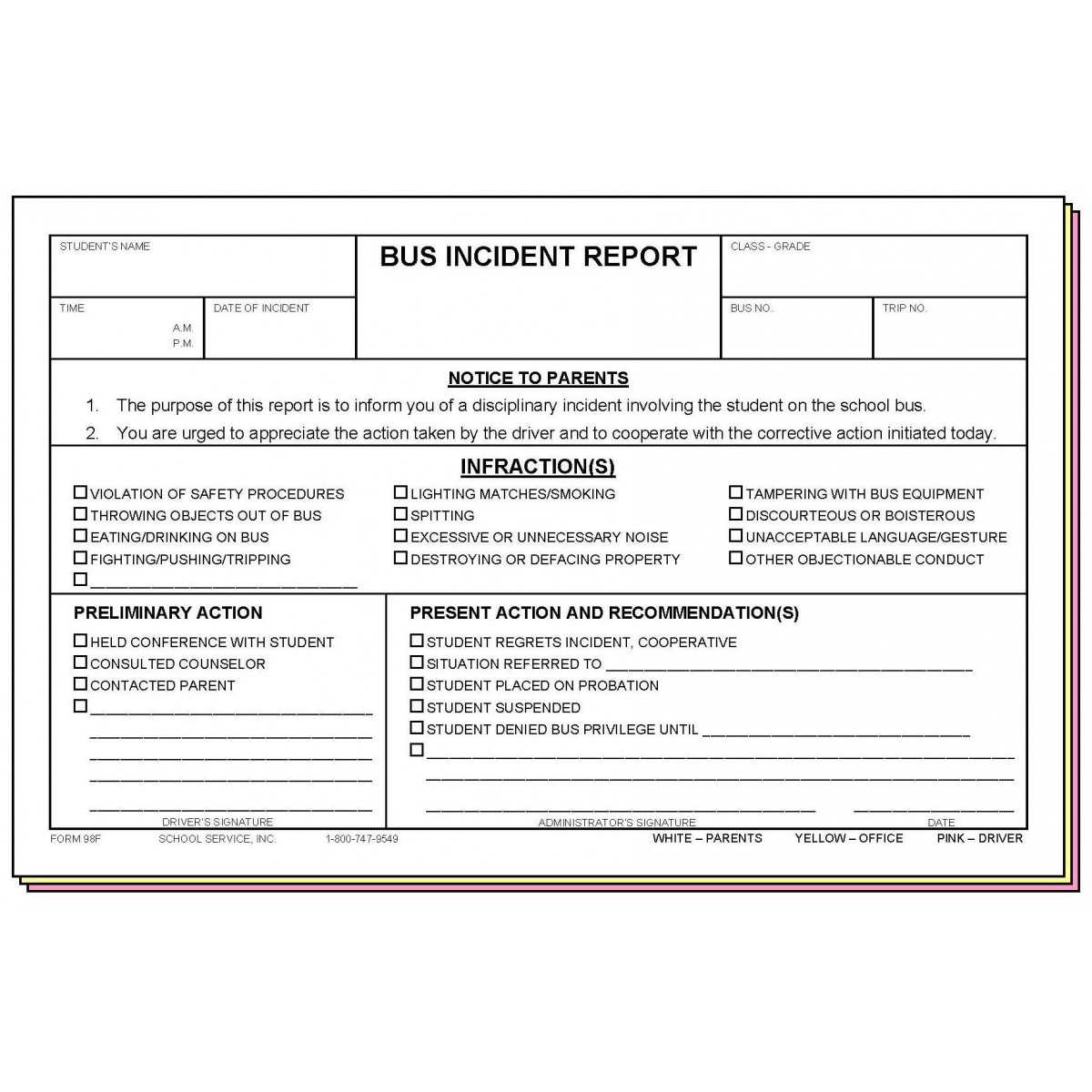 98F – Bus Incident Report Pertaining To School Incident Report Template
