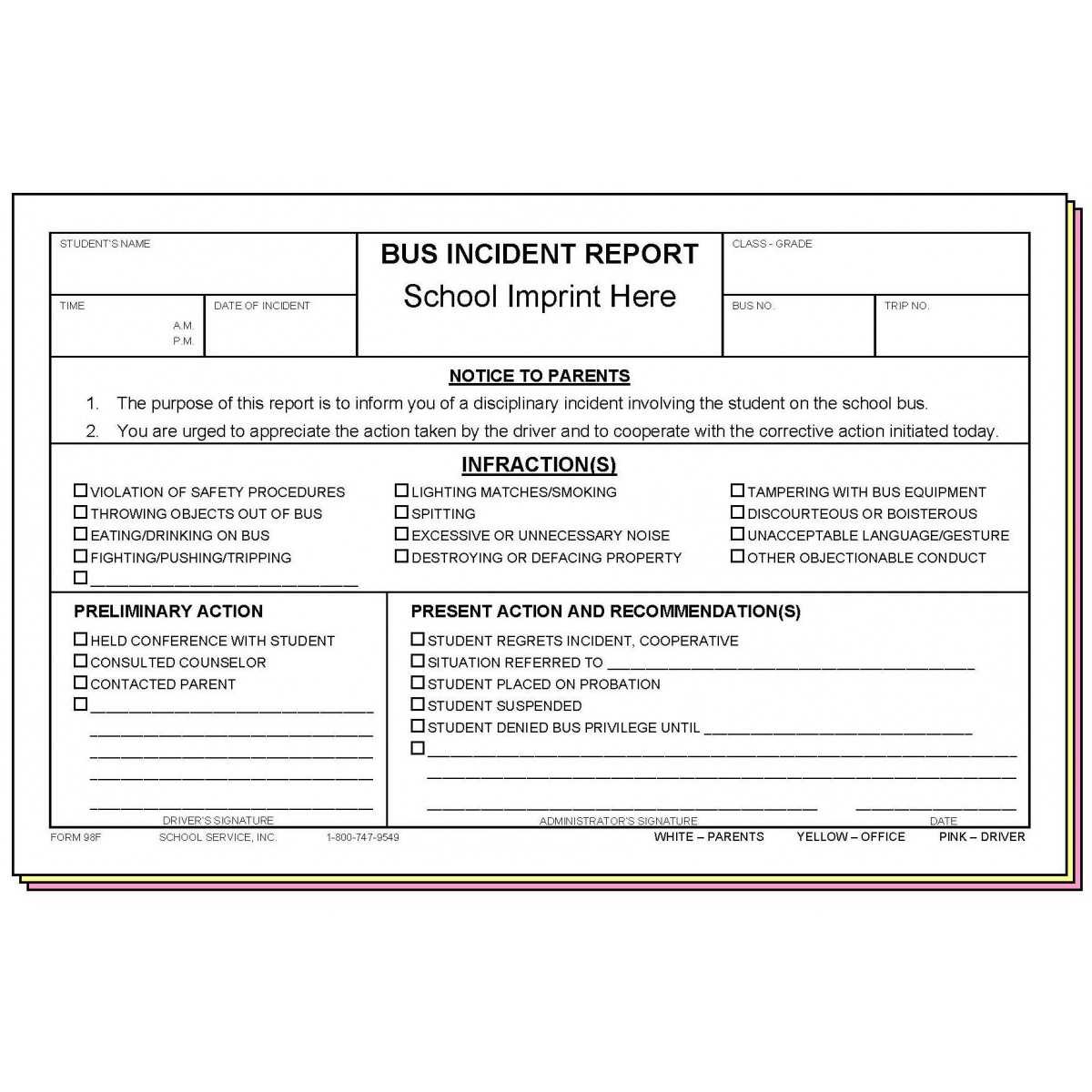 98F – Bus Incident Report W/school Imprint With School Incident Report Template