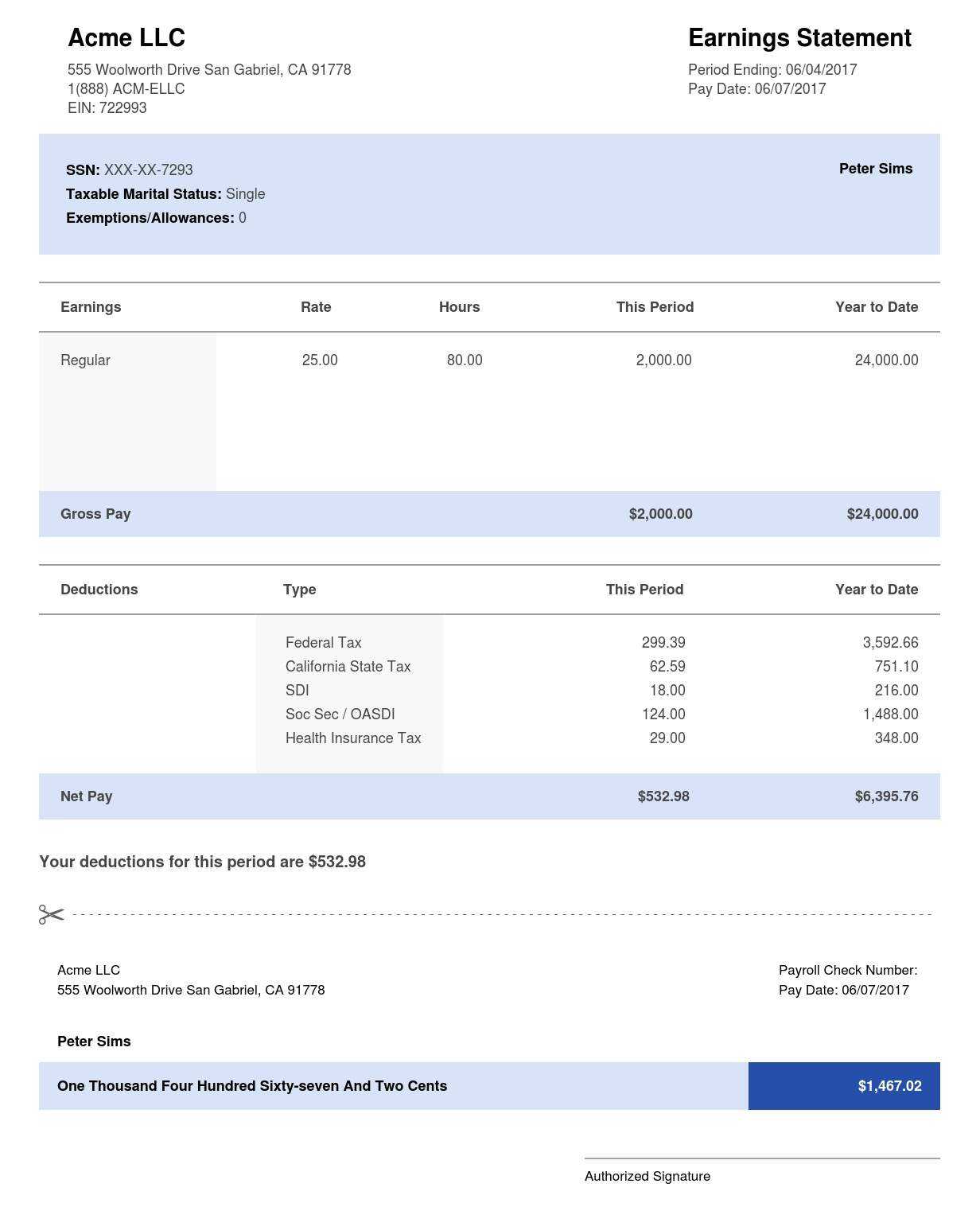 Adp Paystub Sample Template – Blue | Thepaystubs In Blank Pay Stubs Template