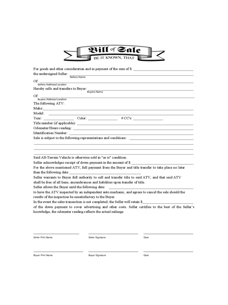 Atv Bill Of Sale Form – 9 Free Templates In Pdf, Word, Excel For Vehicle Bill Of Sale Template Word