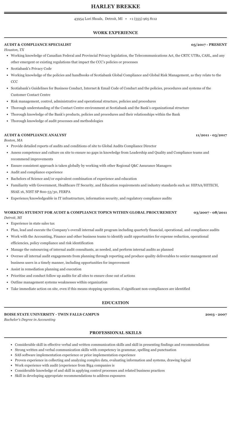 Audit Compliance Resume Sample | Mintresume Intended For Ssae 16 Report Template