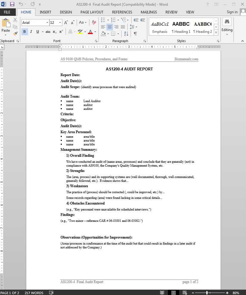 Audit Report As9100 Template | As1200 4 Pertaining To Iso 9001 Internal Audit Report Template