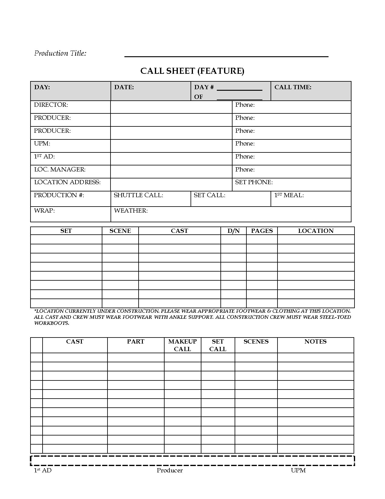 Awesome Call Sheet (Feature) Template Sample For Film With Regard To Blank Call Sheet Template