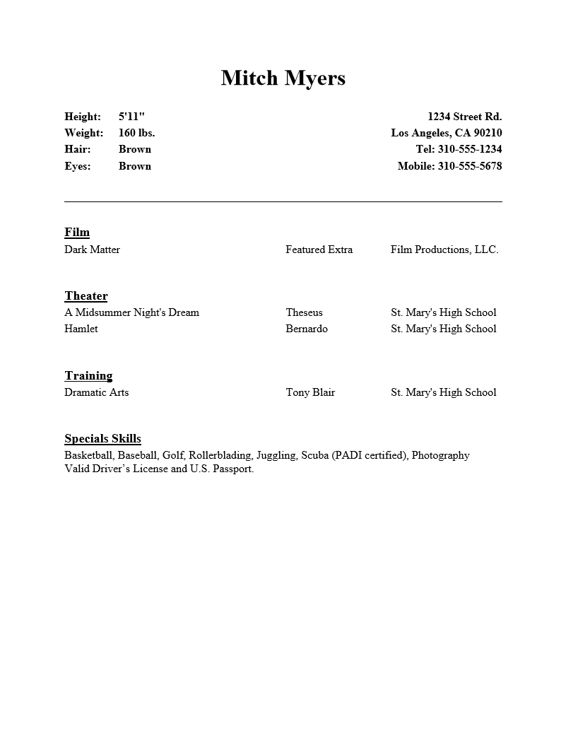Beginner Acting Resume : Resume Templates With Theatrical Resume Template Word