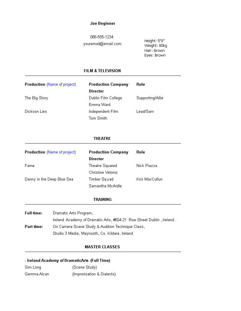 Beginner Acting Resume Template | Templates At In Theatrical Resume Template Word