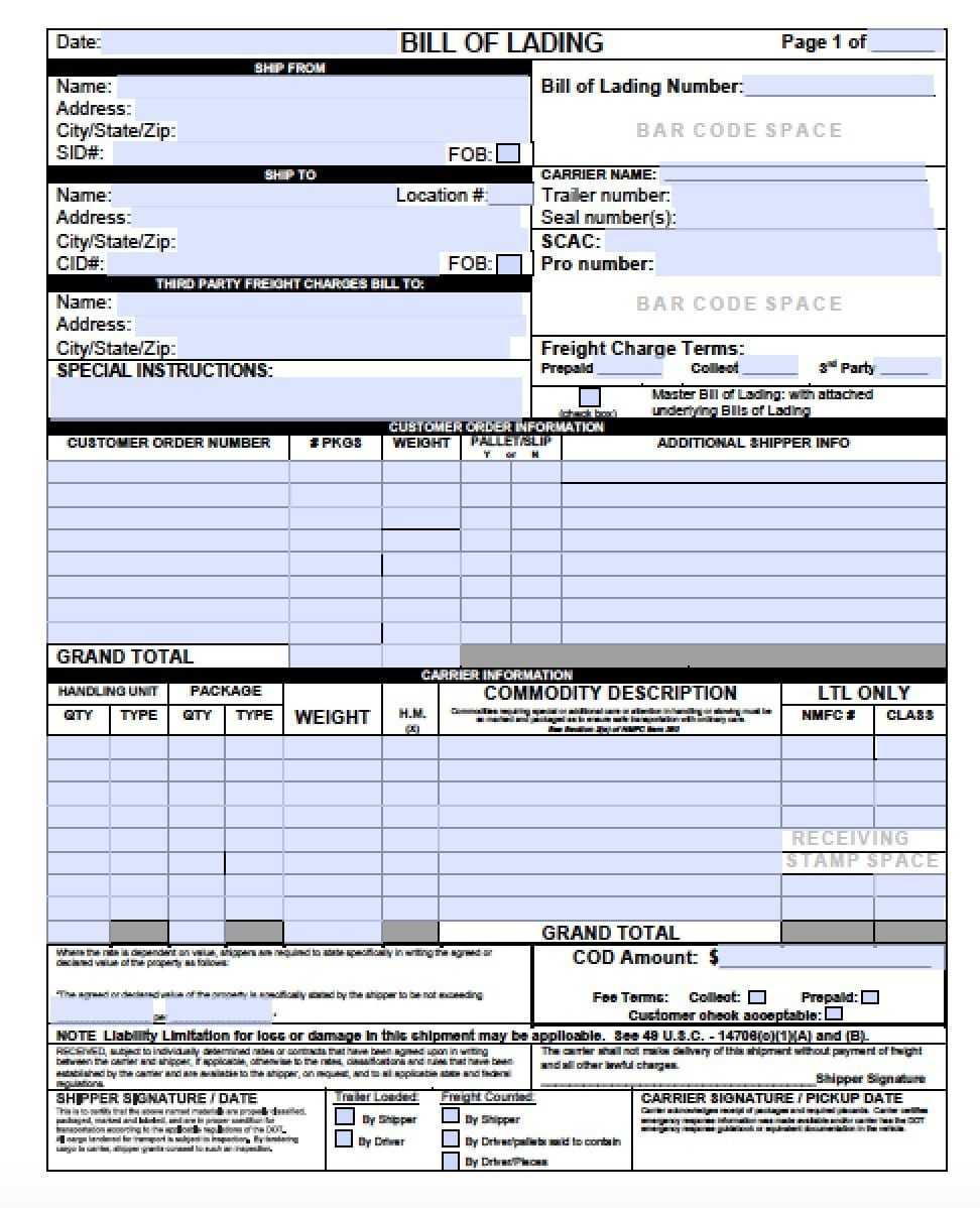 Bill Of Lading Template For Excel | Bill Of Lading Form For Blank Bol Template