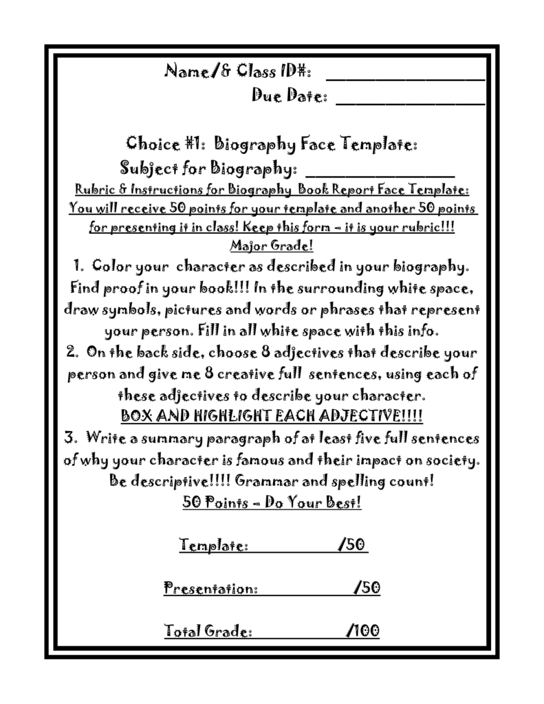 Biography Book Report Face Template Instructions.doc Throughout Book Report Template Grade 1