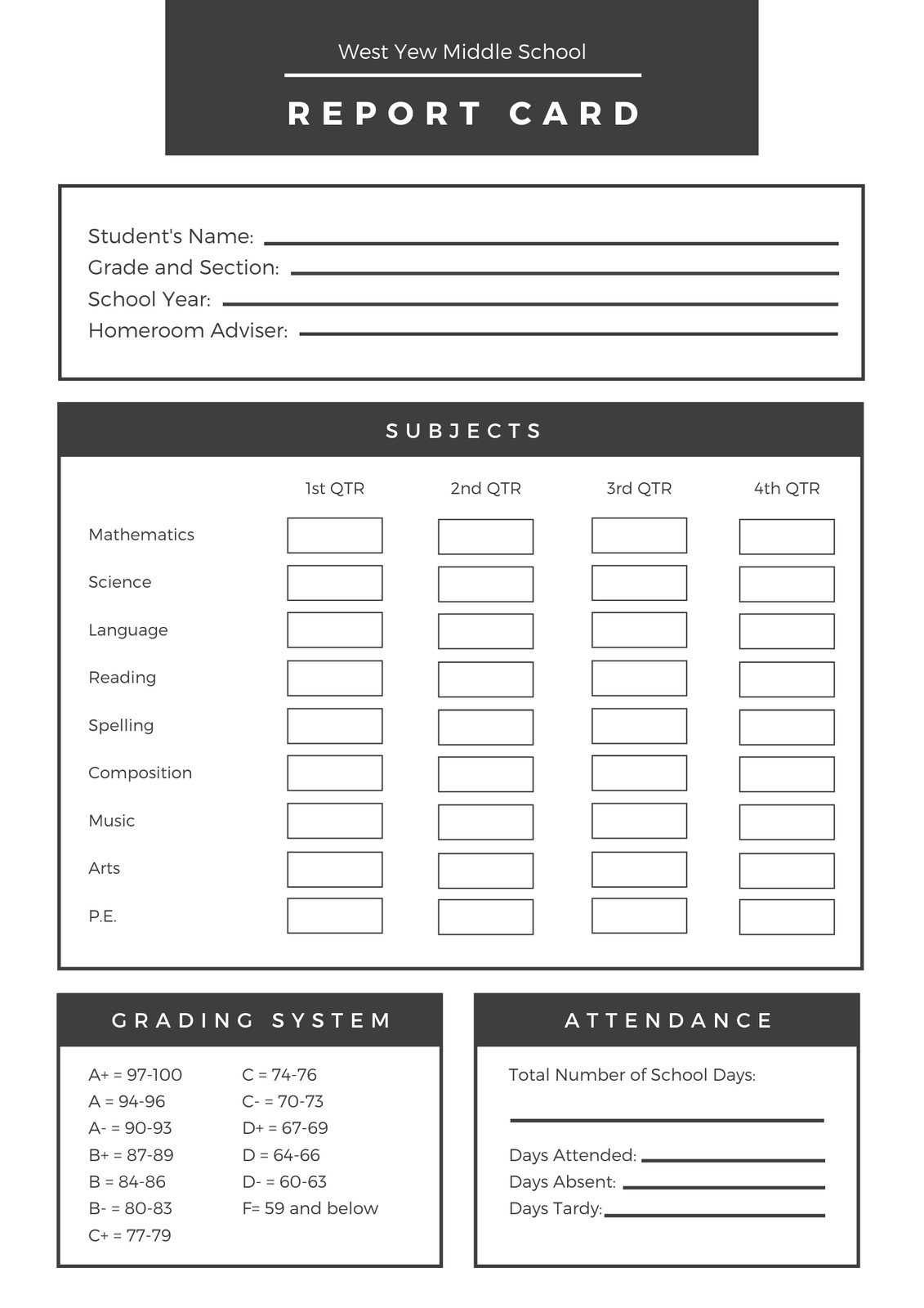 Black White Middle School Report Card – Templatescanva Within Middle School Report Card Template