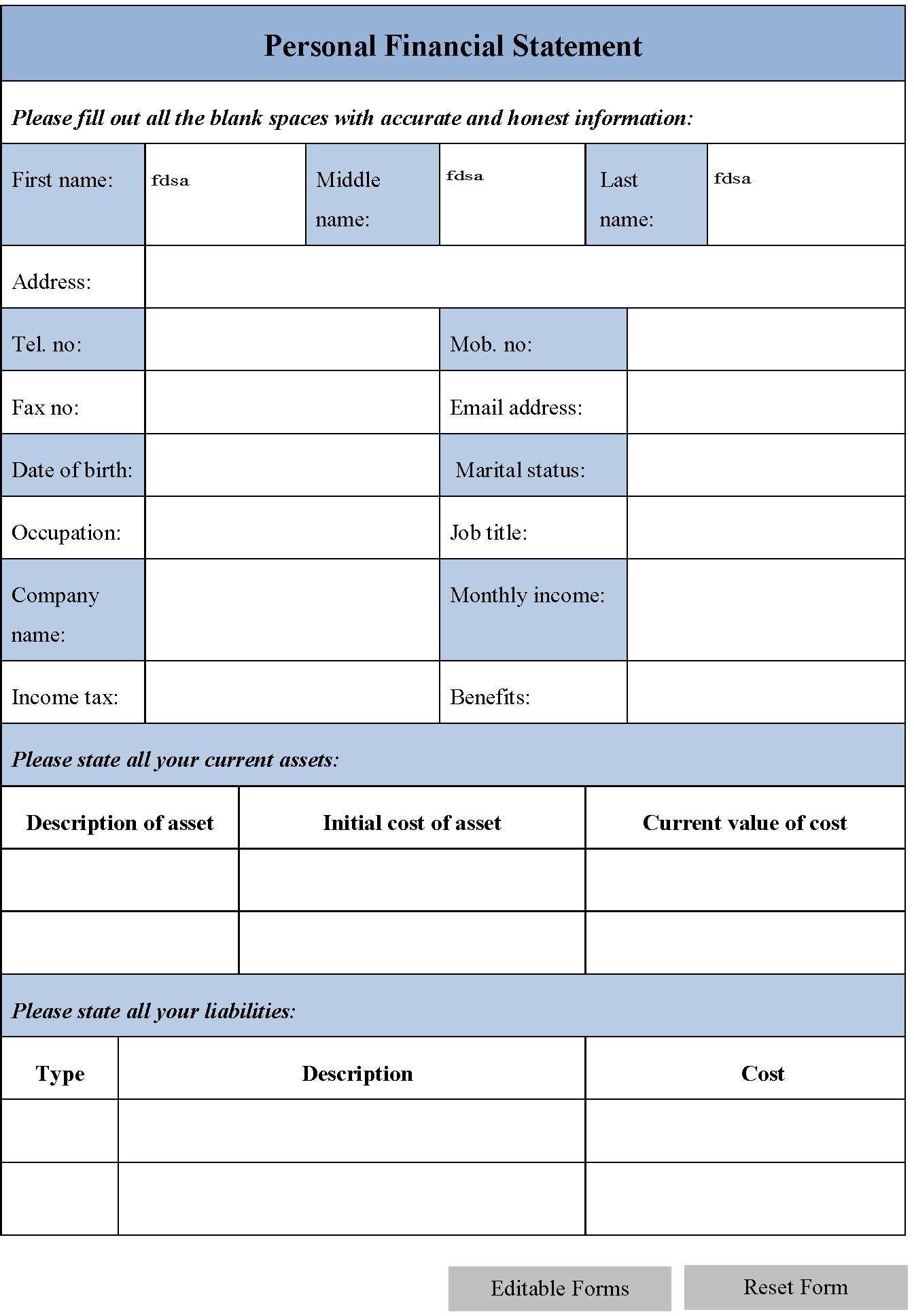 Blank Personal Financial Statement Form | Editable Forms Intended For Blank Personal Financial Statement Template