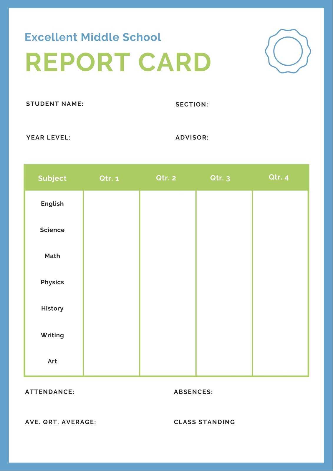Blue Green Middle School Seal Report Card – Templatescanva Pertaining To Report Card Template Middle School