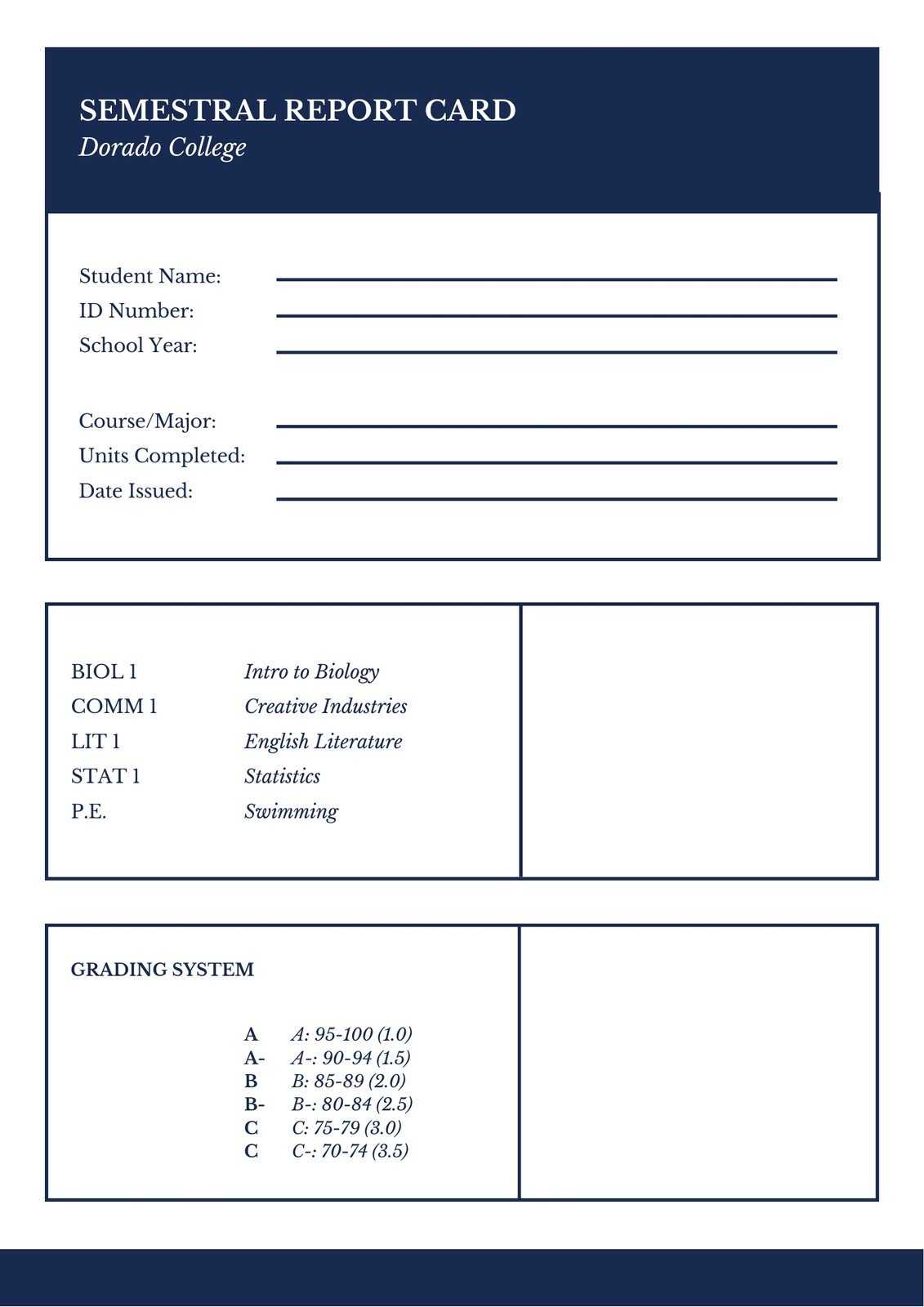 Blue Simple Semestral College Report Card – Templatescanva In College Report Card Template