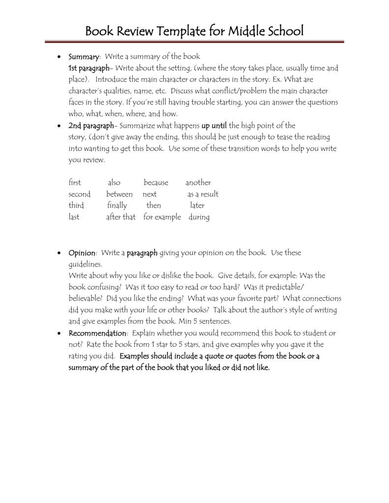 Book Review Template For Middle School With Middle School Book Report Template