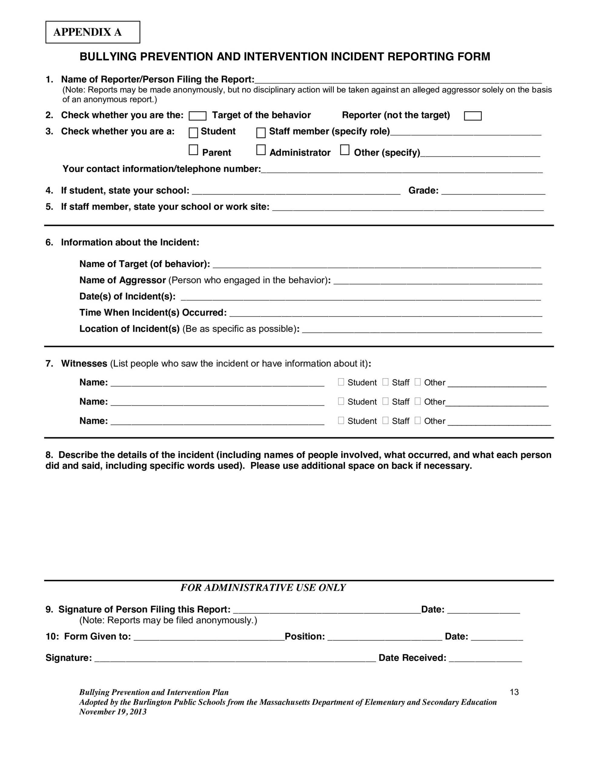 Bps Bullying Incident Report Form | Marshall Simonds Middle With School Incident Report Template