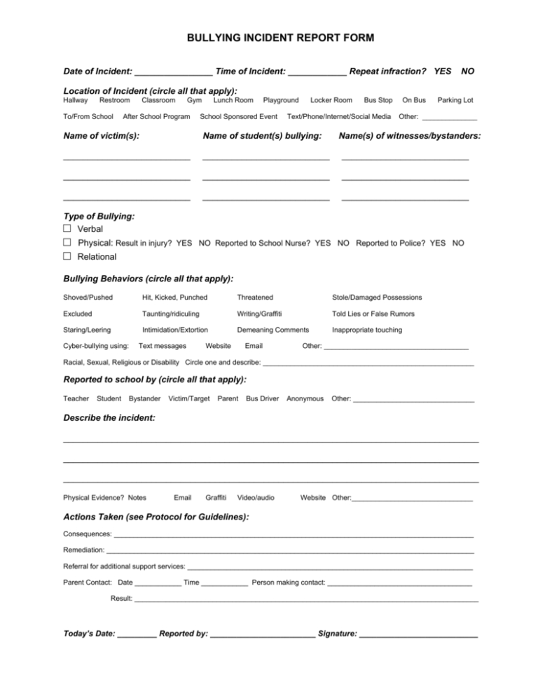 Bullying Incident Report Form In School Incident Report Template - Best ...