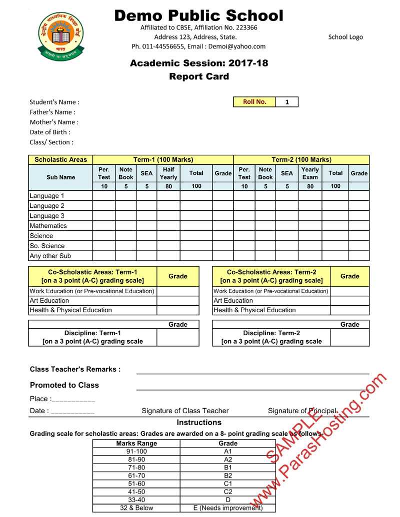Cbse Report Card Format For Primary Classes  I To V For Report Card Template Pdf