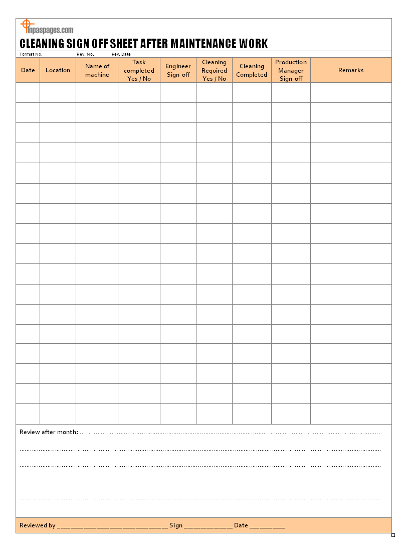 Cleaning Sign Off Sheet After Maintenance Work Format With Cleaning Report Template