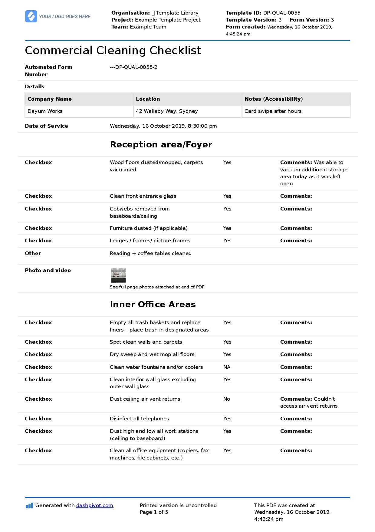 Commercial Cleaning Checklist Template (Free + Editable For Cleaning Report Template