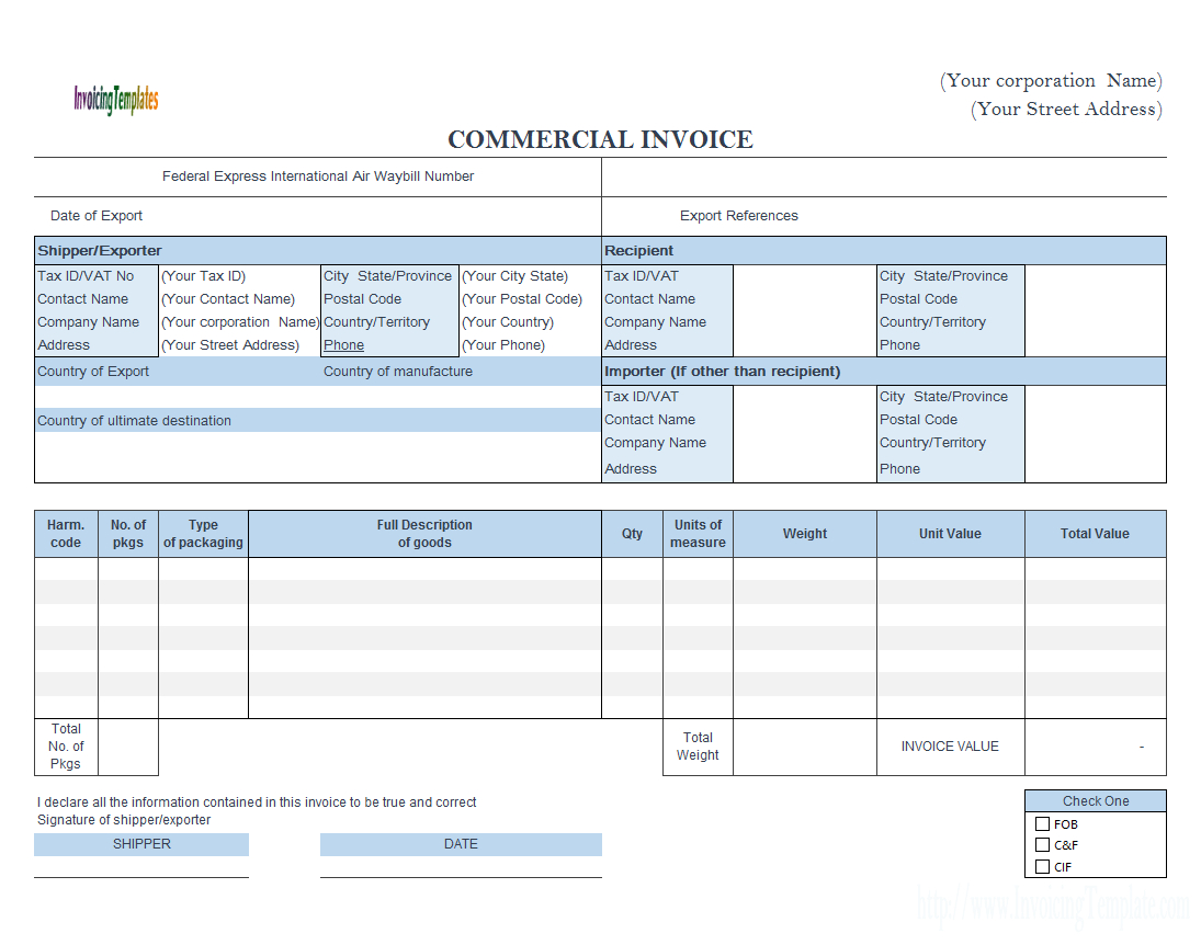 Commercial Invoice – Fedex Style (Landscape) Within Commercial Invoice Template Word Doc