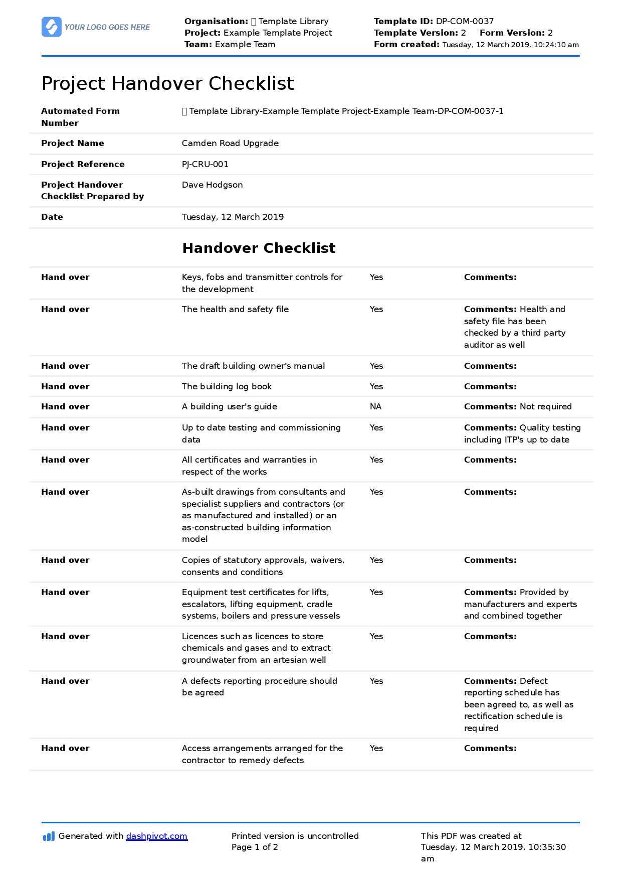 Construction Project Handover Checklist Template (Better Pertaining To Project Management Final Report Template