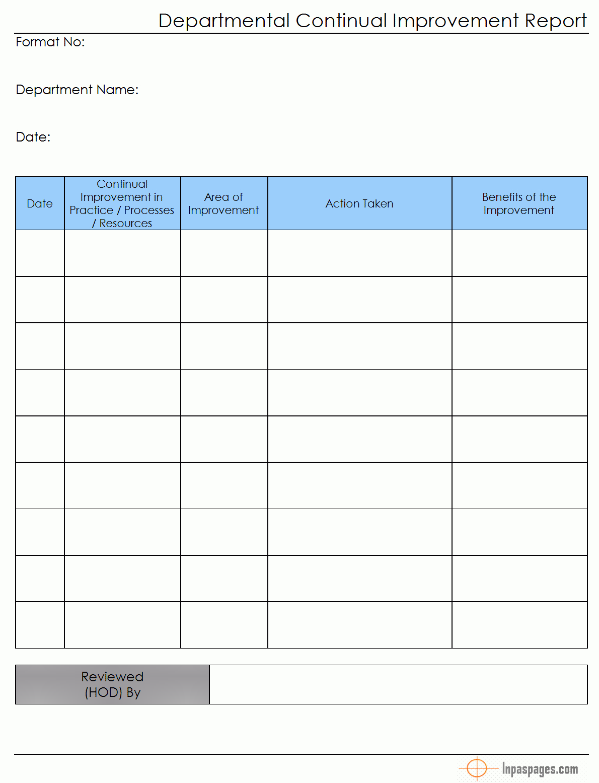 Continual Improvement Report (Departmental) - Throughout Improvement Report Template