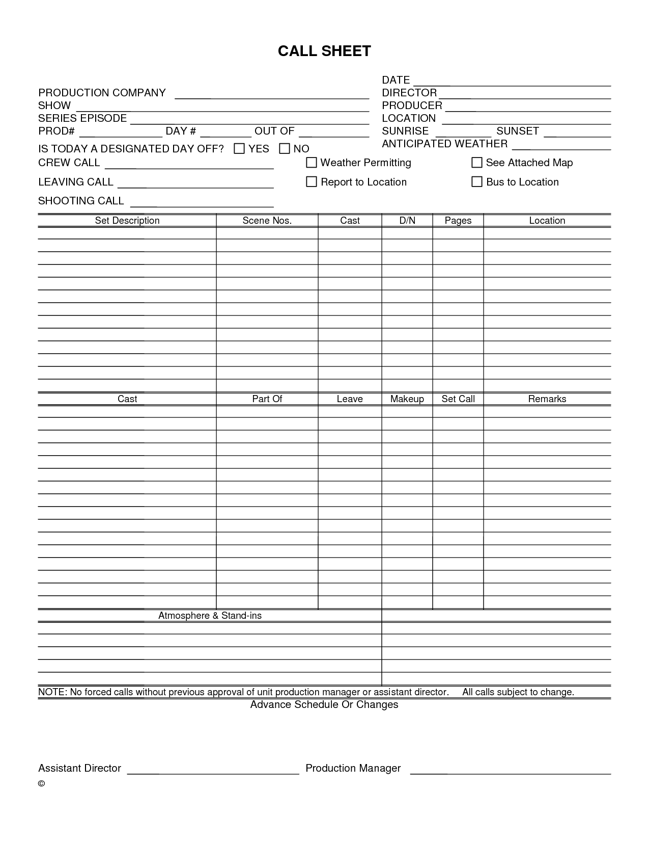 Creative Free Film Production Call Sheet Template Design In Blank Call Sheet Template