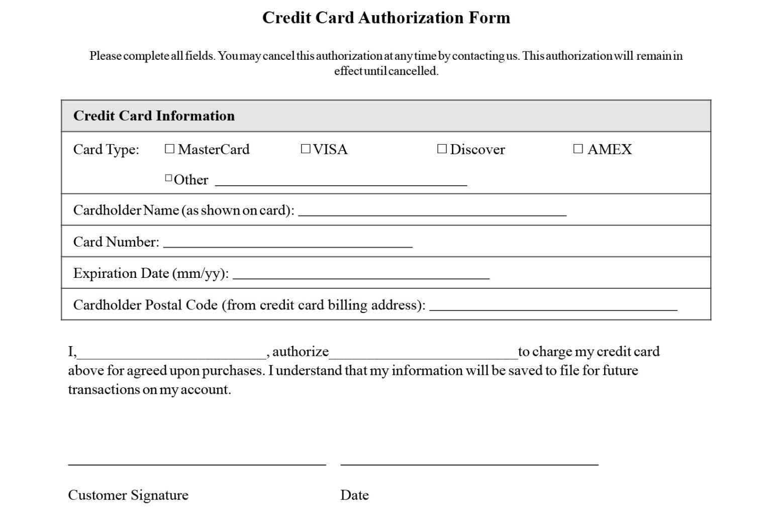 Credit Card Authorization Form Template Word