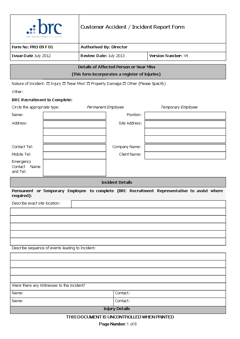 Customer Accident Incident Report | Templates At With Regard To Customer Incident Report Form Template