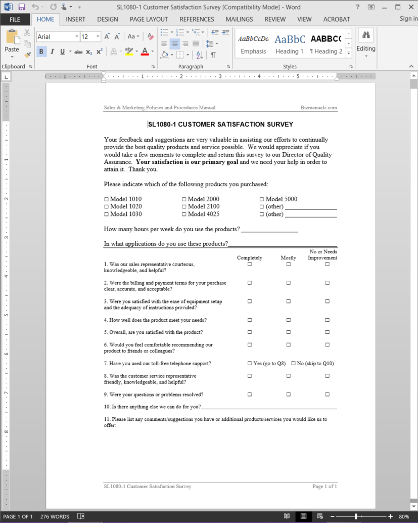 Customer Satisfaction Survey Template | Sl1080 1 Inside Employee Satisfaction Survey Template Word