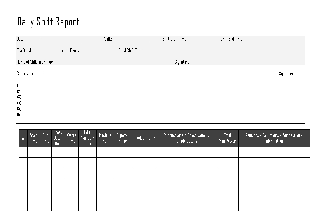 Daily Shift Report – In Shift Report Template