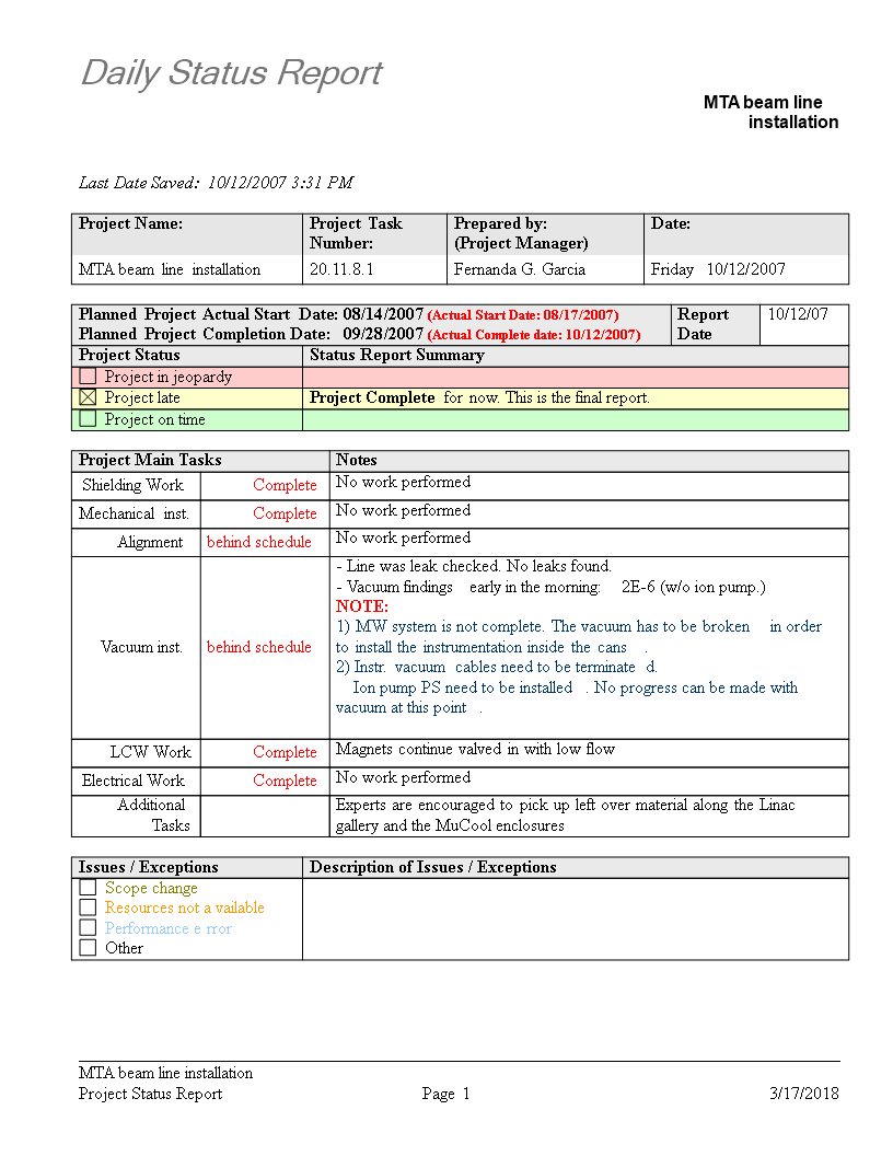 Daily Status Report | Templates At Allbusinesstemplates Pertaining To Daily Status Report Template Xls