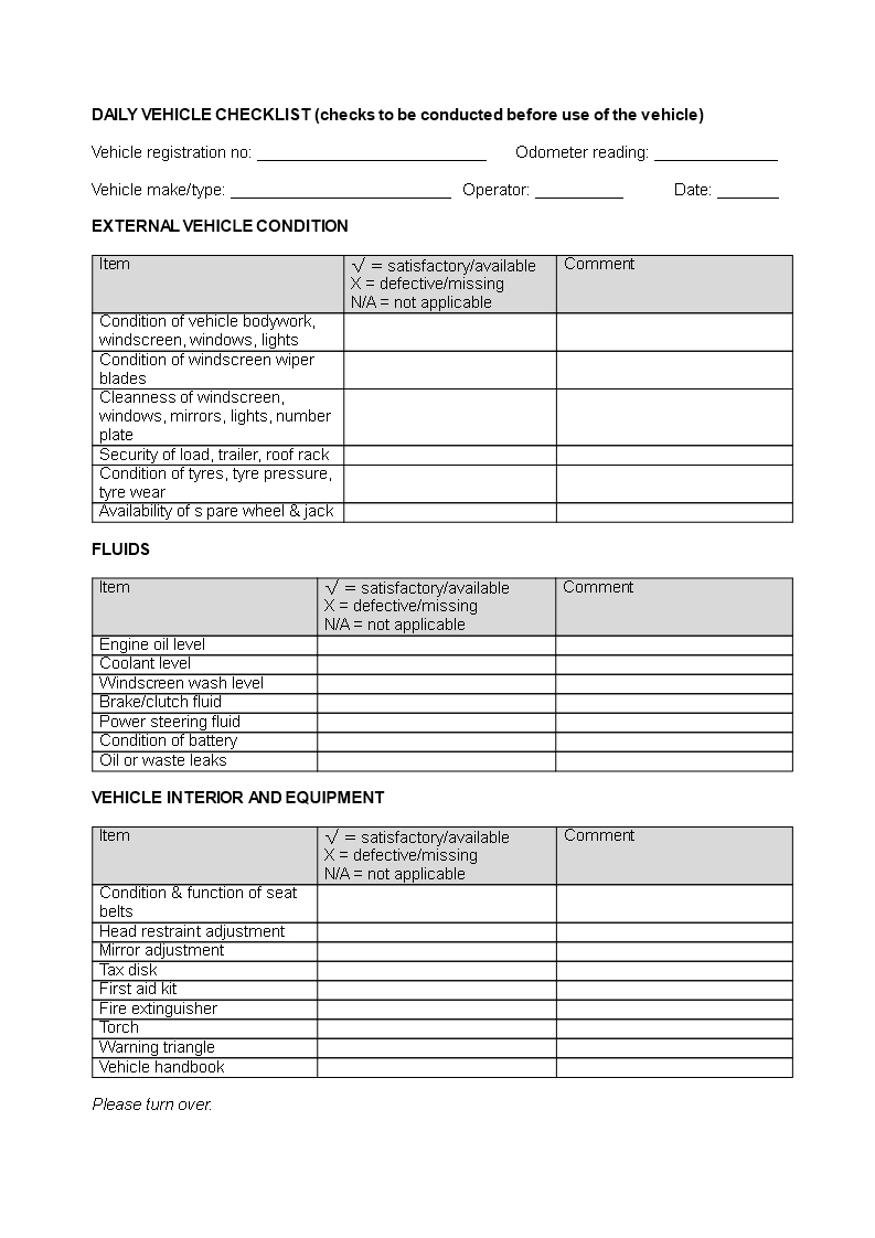 Daily Vehicle Checklist Word | Templates At Throughout Vehicle Checklist Template Word