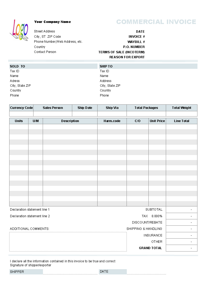 Doc Commercial Invoice Template Fee Download Pdf Inside Commercial Invoice Template Word Doc
