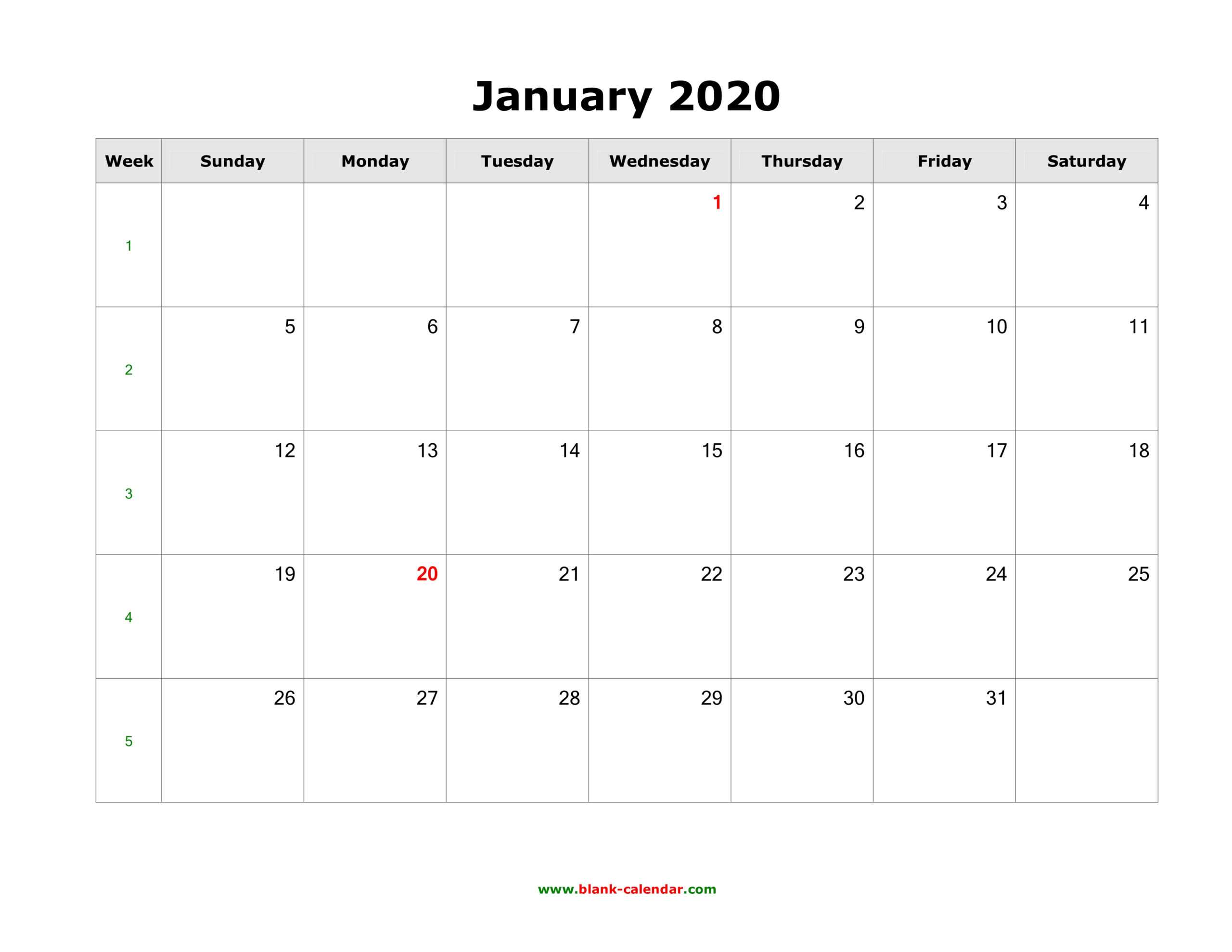 Download Blank Calendar 2020 (12 Pages, One Month Per Page With Blank One Month Calendar Template