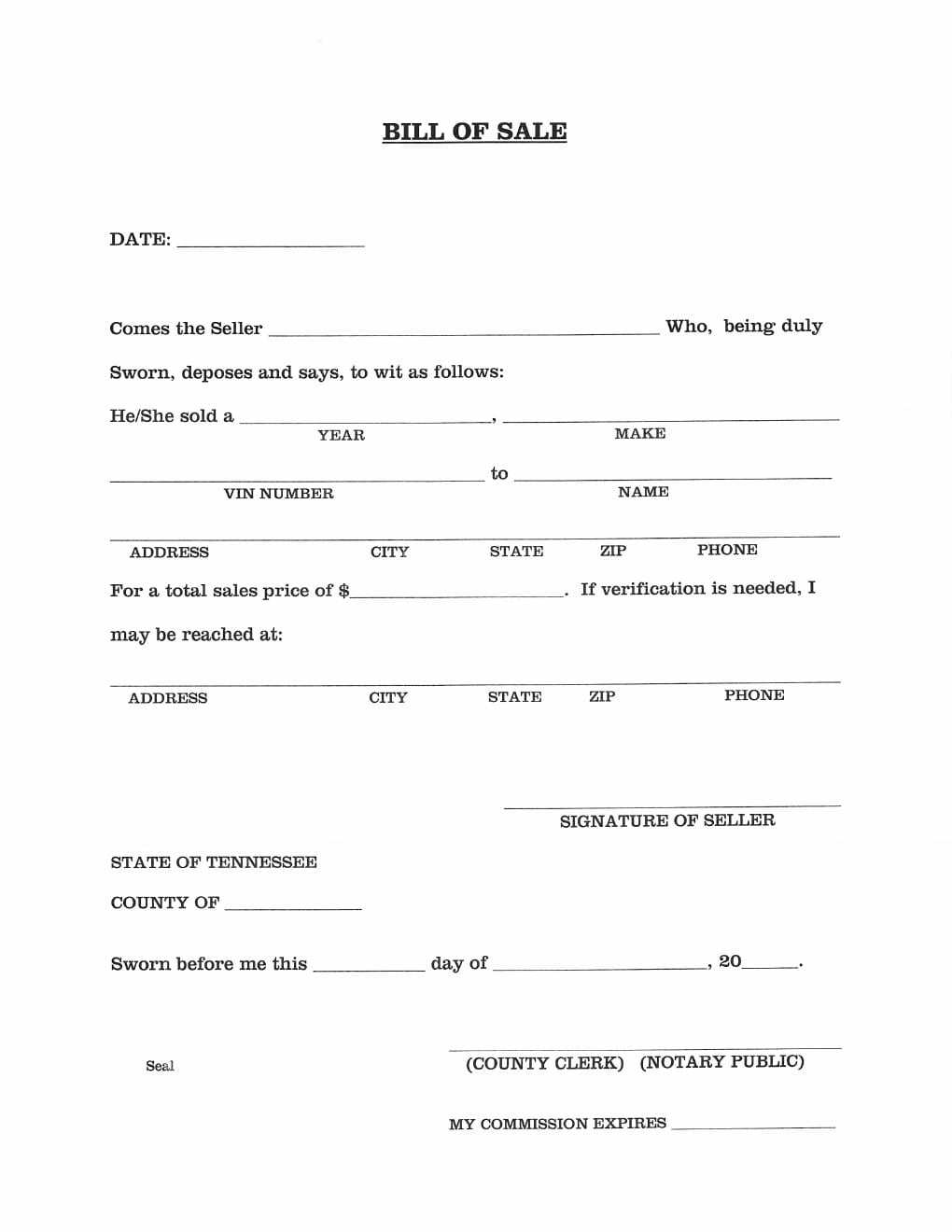 Download Free Tennessee Vehicle Bill Of Sale Form | Form Inside Vehicle Bill Of Sale Template Word