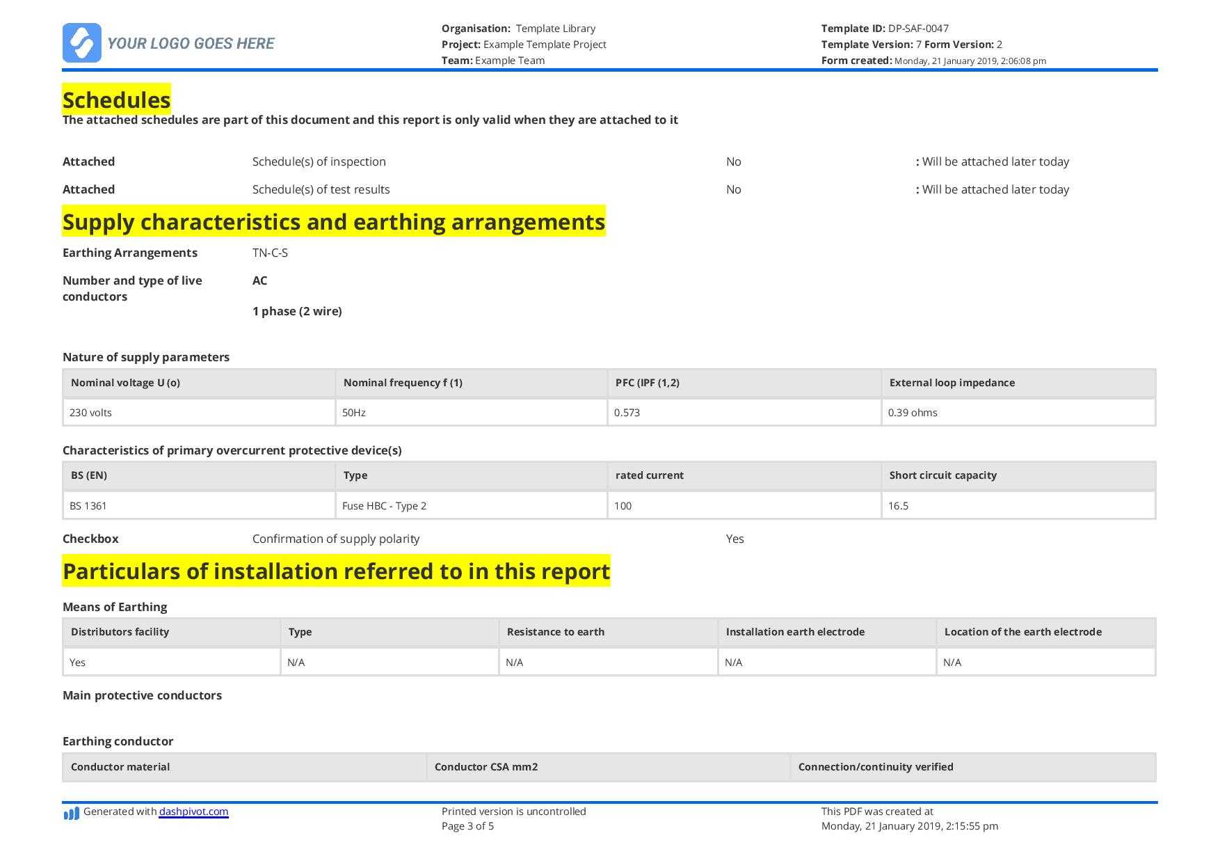 Electrical Installation Condition Report Sample And Free Within Safety Analysis Report Template