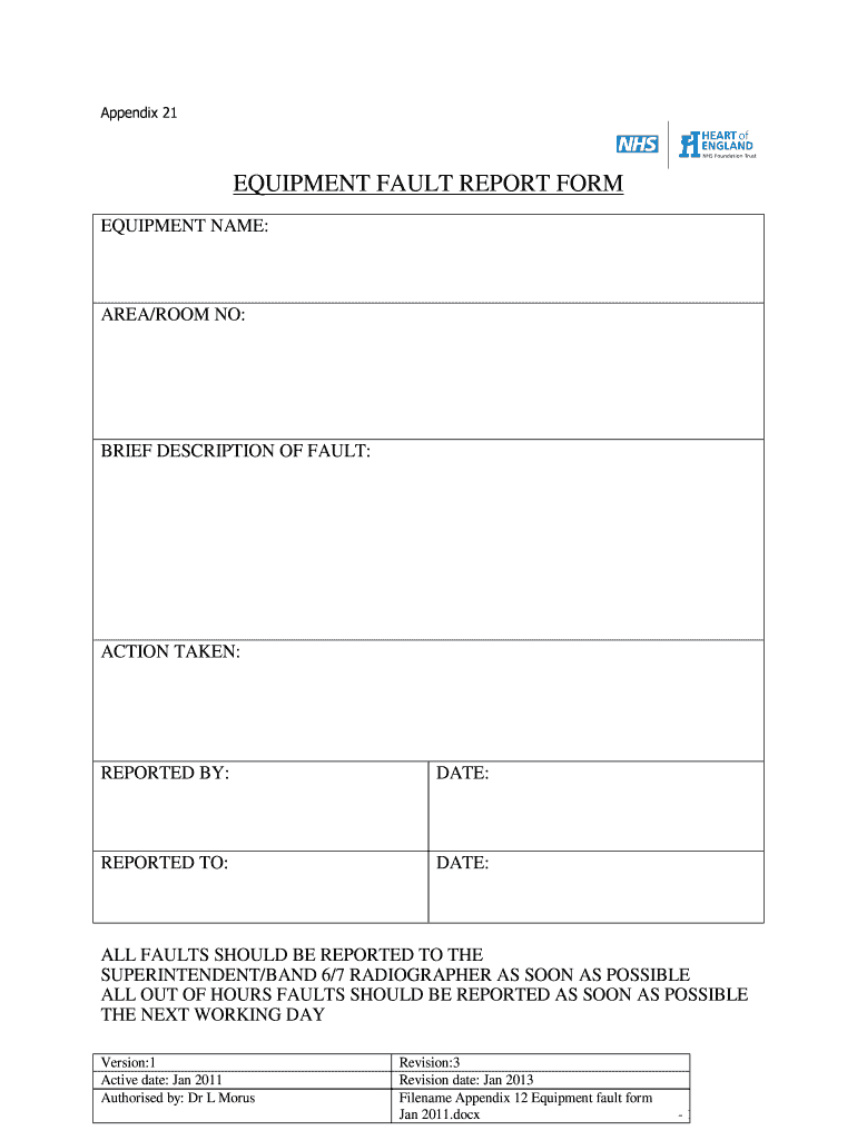 Equipment Fault Report - Fill Online, Printable, Fillable For Equipment Fault Report Template