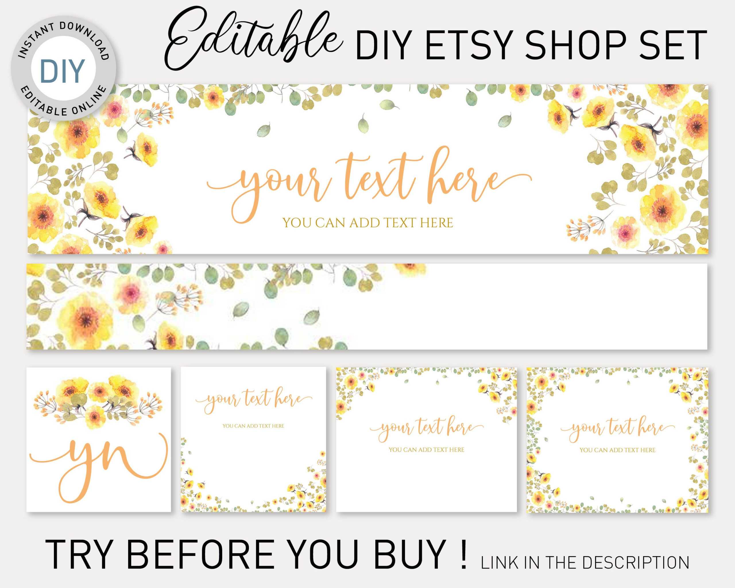 Etsy Banner Diy Template, Yellow Watercolor Flowers Etsy Branding Kit, Etsy  Shop Graphics,etsy Cover Image,templett Etsy Shop Mockup Pertaining To Etsy Banner Template