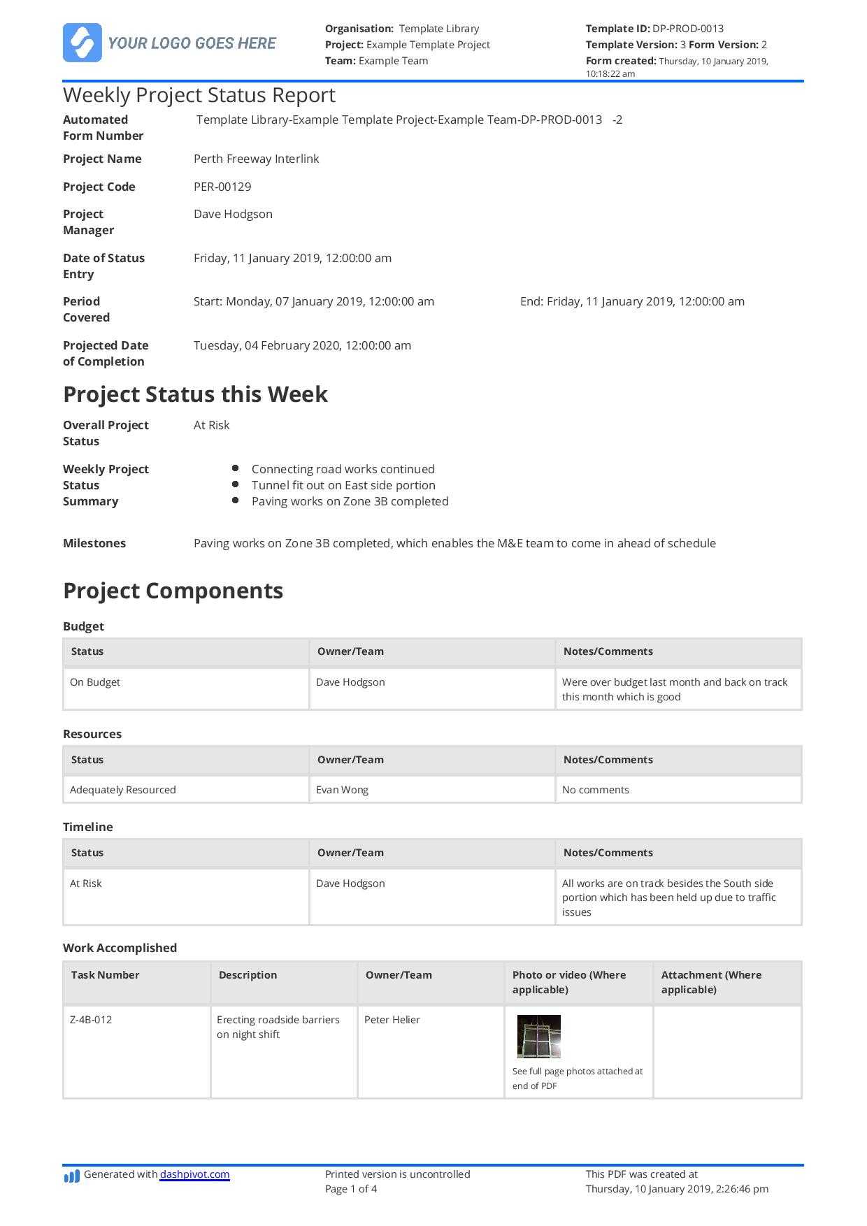 Example Of A Project Status Report To Copy, Use, Download Or Within One Page Project Status Report Template