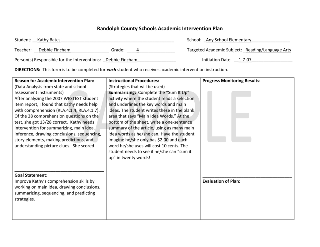 Example Of Academic Intervention Plan For Grades 3 5 Within Intervention Report Template