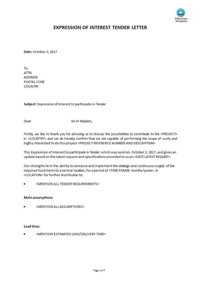 Expression Of Interest Tender Cover Letter | Templates At For Letter Of Interest Template Microsoft Word