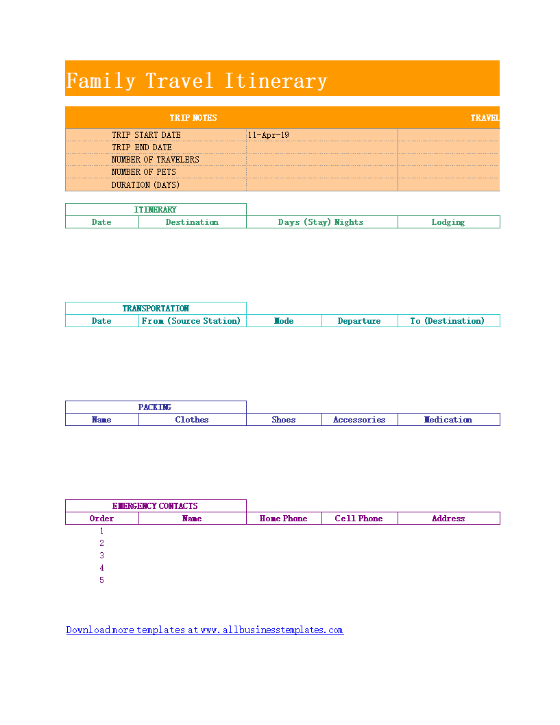 Family Travel Itinerary | Templates At Allbusinesstemplates With Regard To Blank Trip Itinerary Template