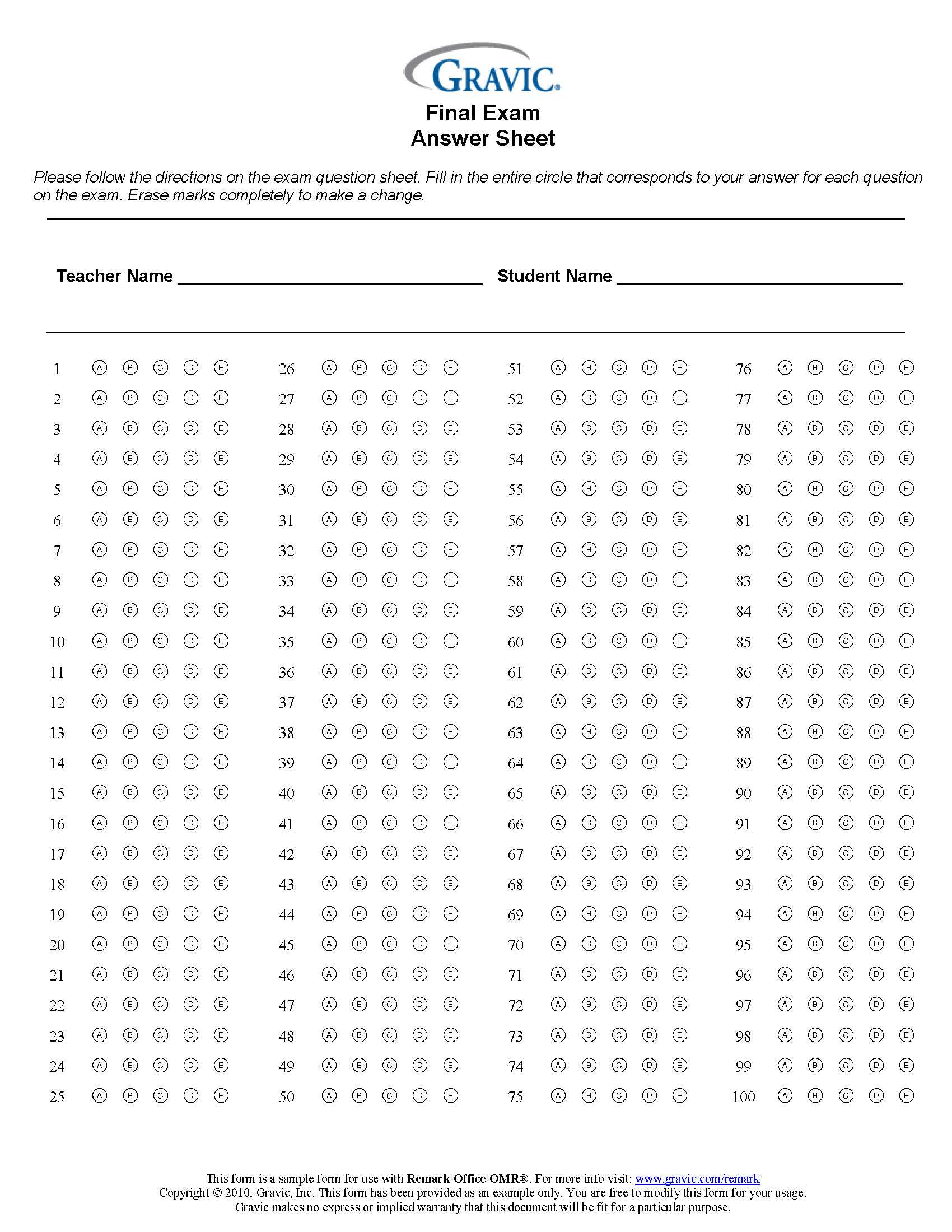 Final Exam 100 Question Test Answer Sheet · Remark Software Within Blank Answer Sheet Template 1 100
