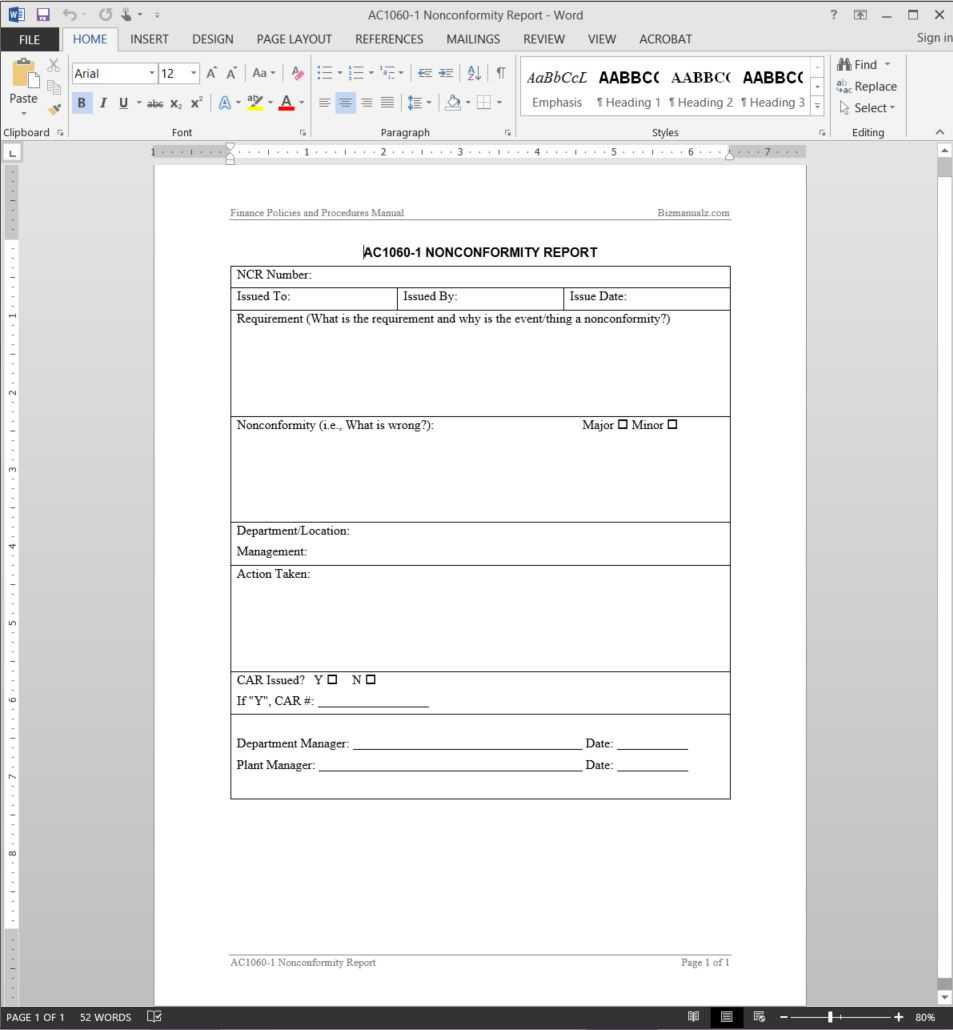 Financial Nonconformity Report Template | Ac1060 1 With Regard To Quality Non Conformance Report Template