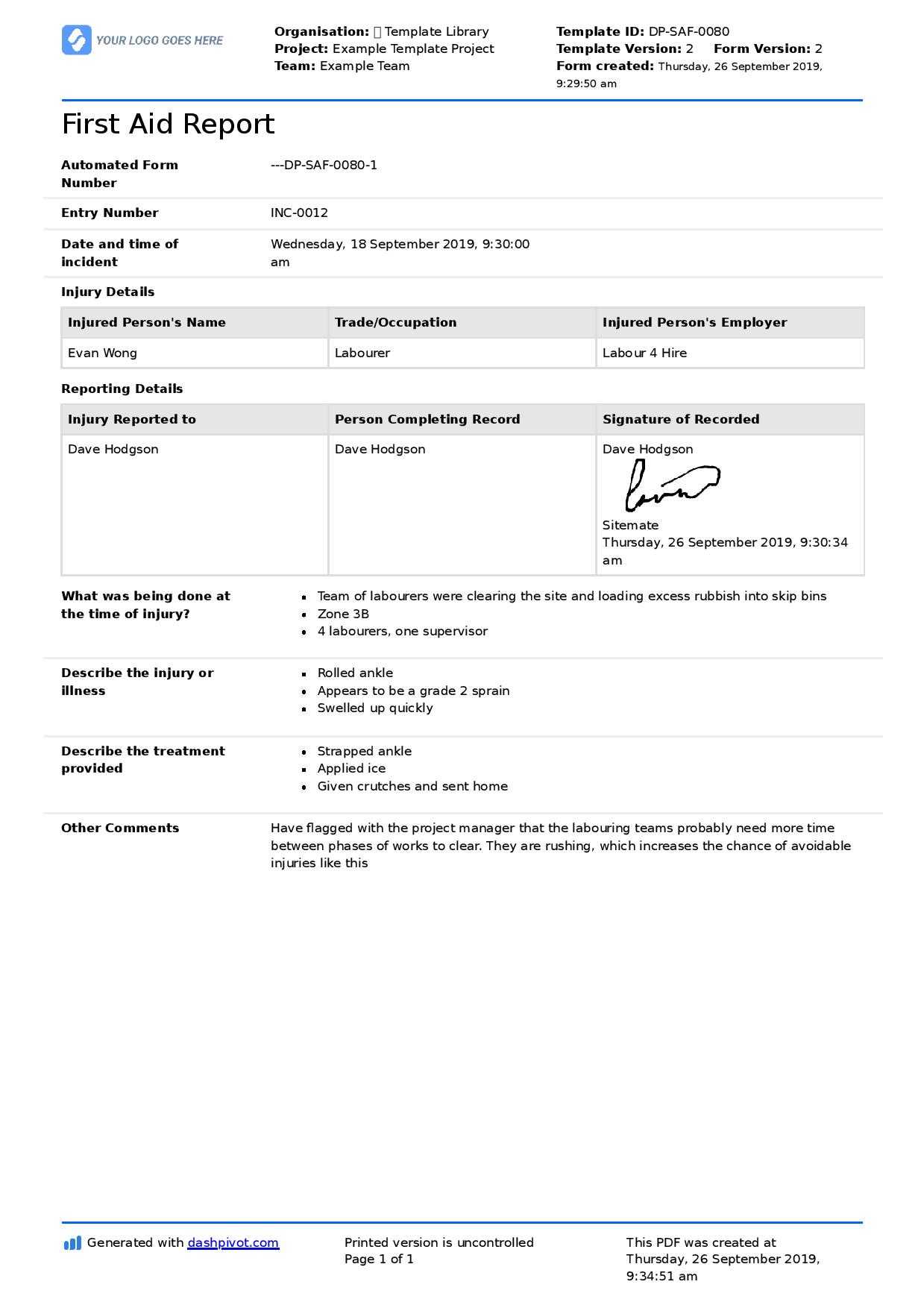 First Aid Report Form Template (Free To Use, Better Than Pdf) Within First Aid Incident Report Form Template